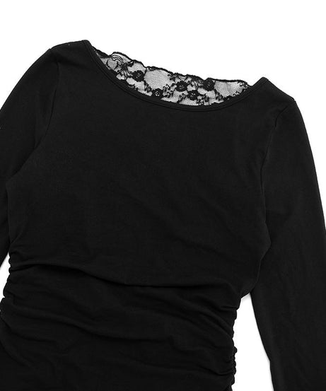 Chic & Cozy: Black Ruched Long Sleeve Top with Delicate Lace Neckline – Perfect for Fall