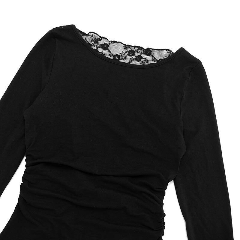 Chic & Cozy: Black Ruched Long Sleeve Top with Delicate Lace Neckline – Perfect for Fall