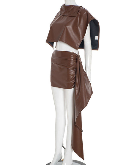 Fall Luxe Faux Leather Asymmetric Drape Mini Skirt & Crop Top Set - The Ultimate Chic 2-Piece Outfit