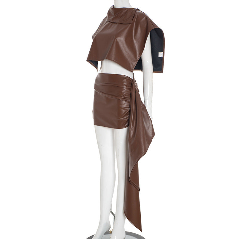 Fall Luxe Faux Leather Asymmetric Drape Mini Skirt & Crop Top Set - The Ultimate Chic 2-Piece Outfit
