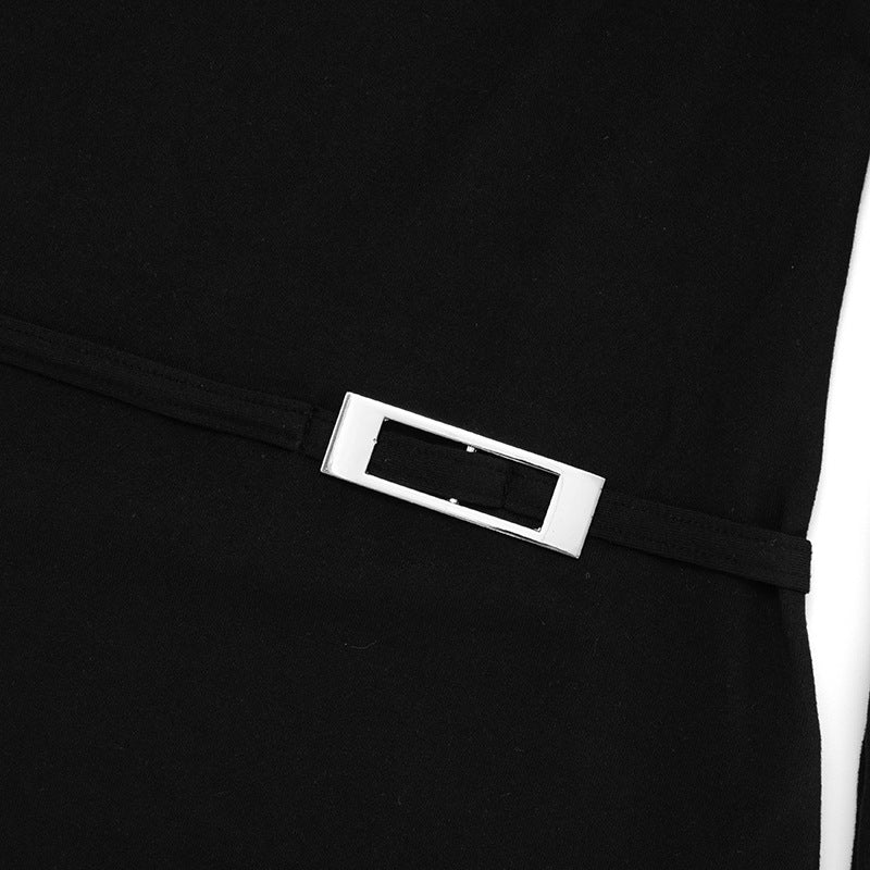 Sultry Black Off-Shoulder Ruched Mini Dress with Modern Buckle – Your Go-To for Fall Nights & Holiday Events