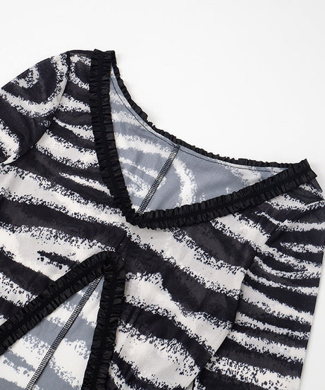 Untamed Glamour: Zebra Print Sheer Cut-Out Maxi Dress - Daring Ruffles & Slit for Fall Parties & Resort Getaways