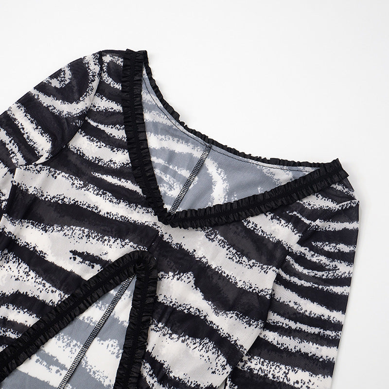 Untamed Glamour: Zebra Print Sheer Cut-Out Maxi Dress - Daring Ruffles & Slit for Fall Parties & Resort Getaways