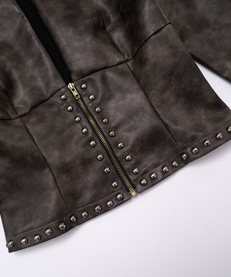Women's Edgy Studded Faux Leather Cropped Moto Jacket - Fall Statement Piece