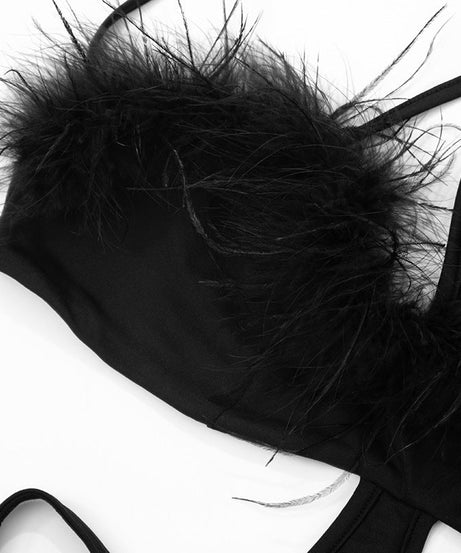 Daring Black Feather Trim Cutout Romper - Slay Your Halloween & Holiday Nights