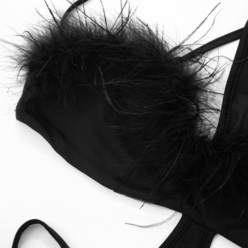 Daring Black Feather Trim Cutout Romper - Slay Your Halloween & Holiday Nights