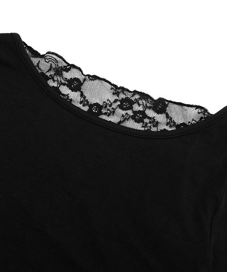 Chic & Cozy: Black Ruched Long Sleeve Top with Delicate Lace Neckline – Perfect for Fall