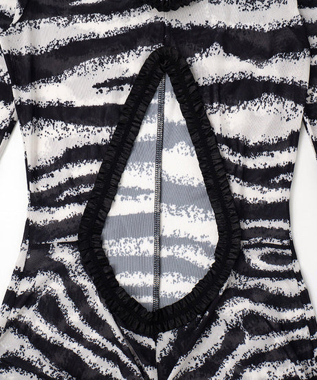Untamed Glamour: Zebra Print Sheer Cut-Out Maxi Dress - Daring Ruffles & Slit for Fall Parties & Resort Getaways