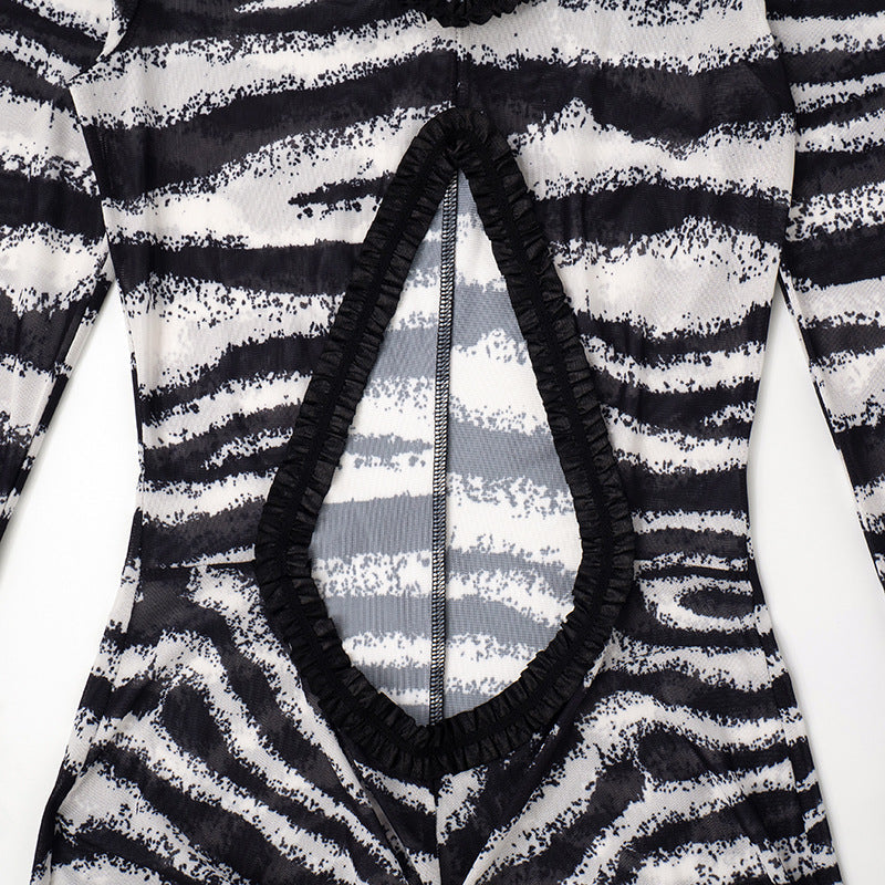 Untamed Glamour: Zebra Print Sheer Cut-Out Maxi Dress - Daring Ruffles & Slit for Fall Parties & Resort Getaways