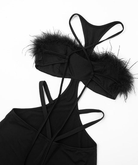 Daring Black Feather Trim Cutout Romper - Slay Your Halloween & Holiday Nights