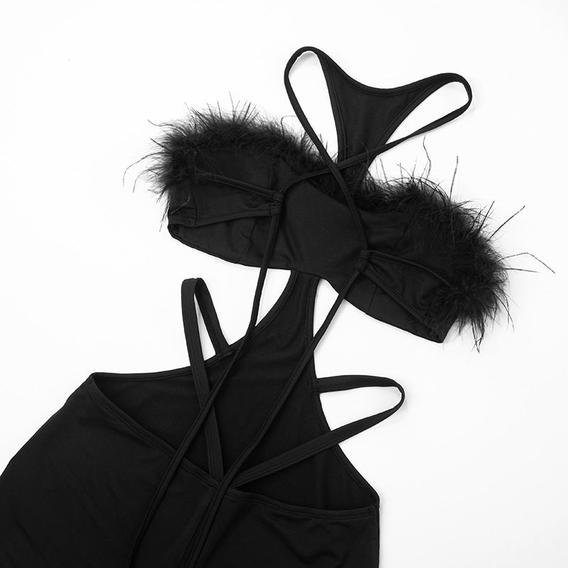Daring Black Feather Trim Cutout Romper - Slay Your Halloween & Holiday Nights