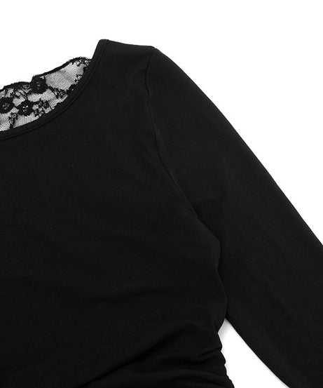 Chic & Cozy: Black Ruched Long Sleeve Top with Delicate Lace Neckline – Perfect for Fall