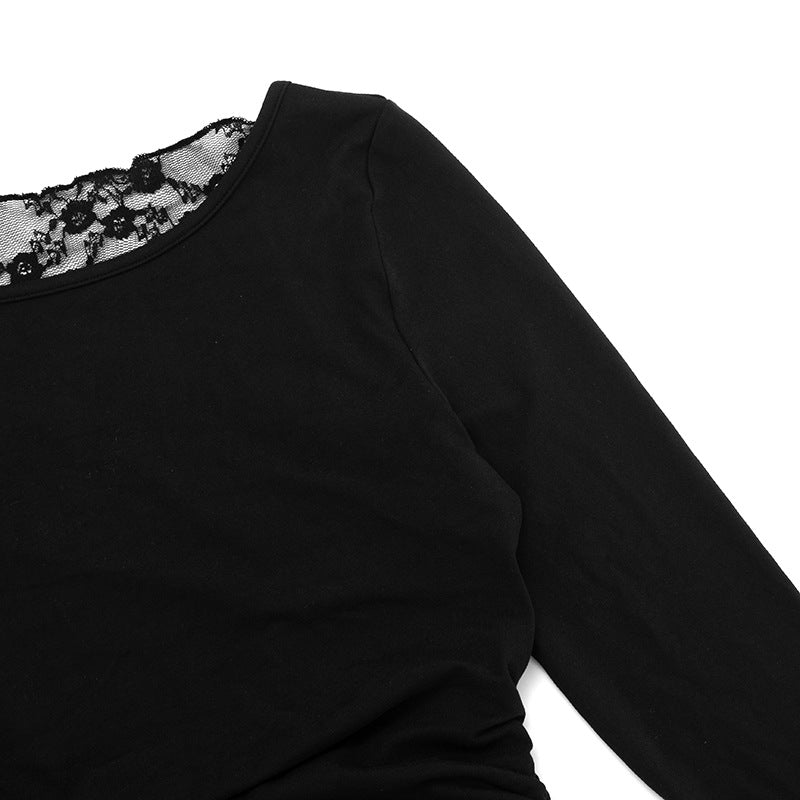 Chic & Cozy: Black Ruched Long Sleeve Top with Delicate Lace Neckline – Perfect for Fall