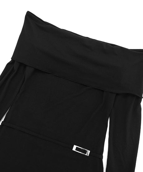 Sultry Black Off-Shoulder Ruched Mini Dress with Modern Buckle – Your Go-To for Fall Nights & Holiday Events