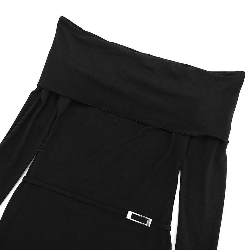 Sultry Black Off-Shoulder Ruched Mini Dress with Modern Buckle – Your Go-To for Fall Nights & Holiday Events