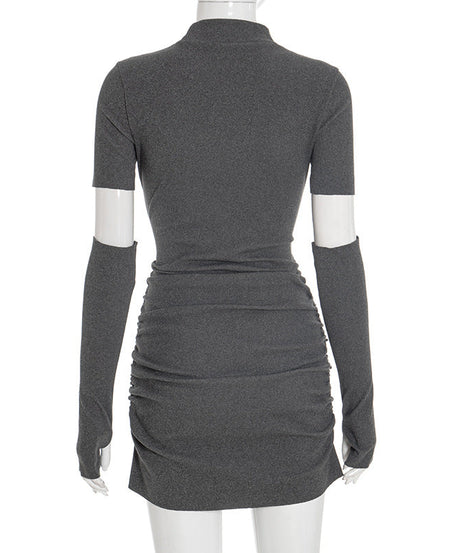 Sleek Mock Neck Ruched Mini Dress with Detached Arm Sleeves - Chic Fall Party & Date Night Essential
