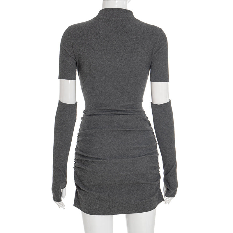 Sleek Mock Neck Ruched Mini Dress with Detached Arm Sleeves - Chic Fall Party & Date Night Essential