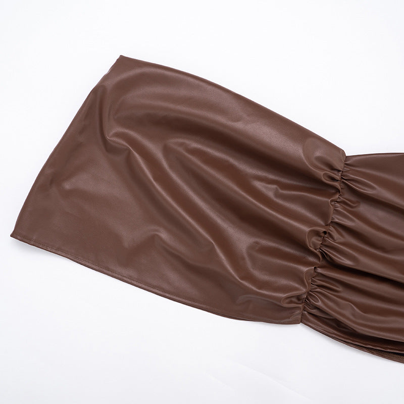 Fall Luxe Faux Leather Asymmetric Drape Mini Skirt & Crop Top Set - The Ultimate Chic 2-Piece Outfit