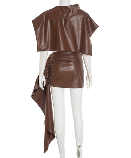 Fall Luxe Faux Leather Asymmetric Drape Mini Skirt & Crop Top Set - The Ultimate Chic 2-Piece Outfit