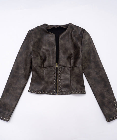 Women's Edgy Studded Faux Leather Cropped Moto Jacket - Fall Statement Piece