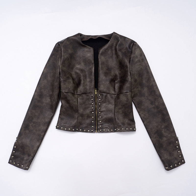 Women's Edgy Studded Faux Leather Cropped Moto Jacket - Fall Statement Piece