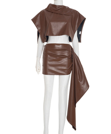 Fall Luxe Faux Leather Asymmetric Drape Mini Skirt & Crop Top Set - The Ultimate Chic 2-Piece Outfit