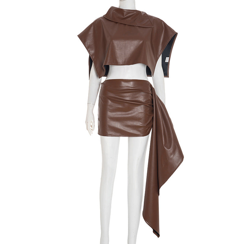Fall Luxe Faux Leather Asymmetric Drape Mini Skirt & Crop Top Set - The Ultimate Chic 2-Piece Outfit