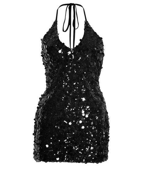Dazzling Black Sequin Halter Mini Dress | Ultimate Holiday & NYE Party Glam