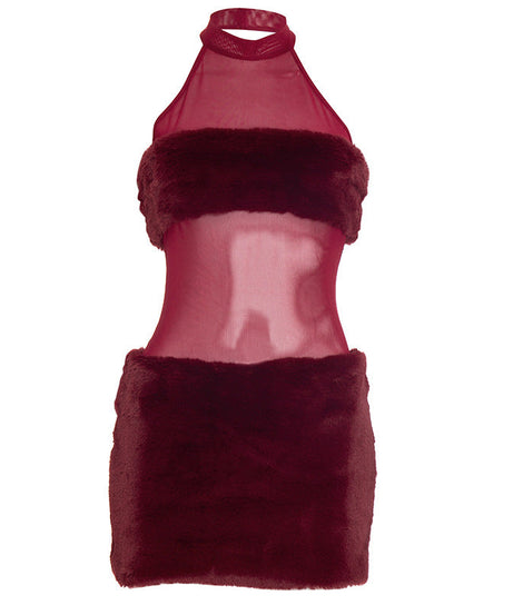 Holiday Glam Burgundy Faux Fur Mesh Halter Mini Dress - Your Festive Party Season Must-Have!
