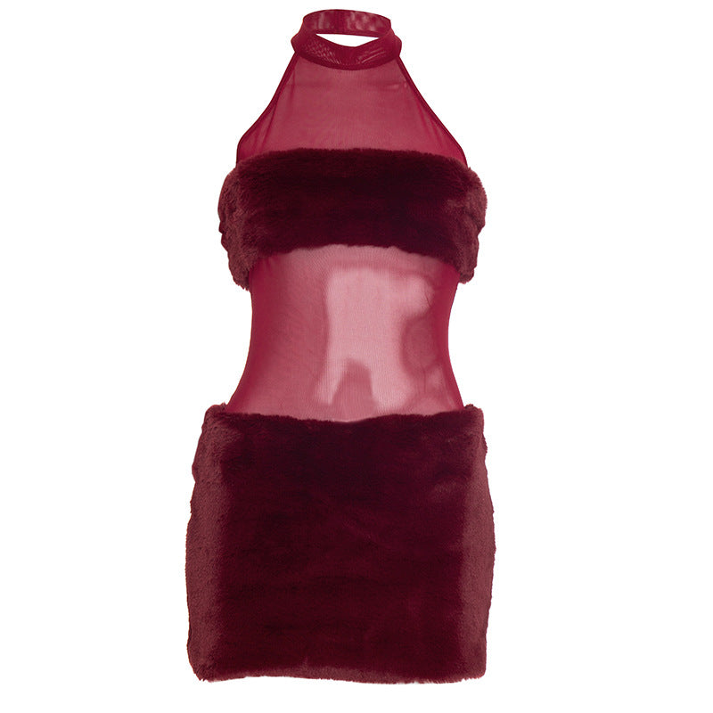Holiday Glam Burgundy Faux Fur Mesh Halter Mini Dress - Your Festive Party Season Must-Have!
