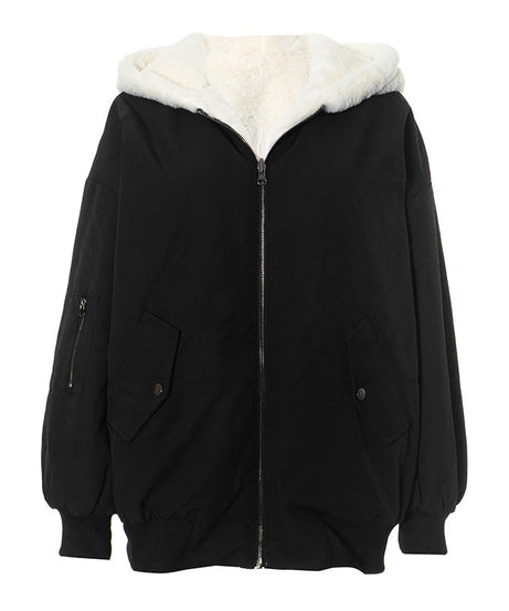 Cozy Chic: Women's Sherpa-Lined Black Zip-Up Hoodie Jacket – Your Ultimate Fall & Winter Essential