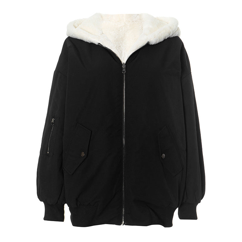 Cozy Chic: Women's Sherpa-Lined Black Zip-Up Hoodie Jacket – Your Ultimate Fall & Winter Essential