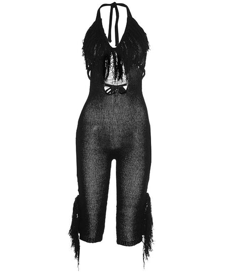 Black Fringe Halter Cutout Jumpsuit - Edgy Fall Nights & Halloween Party Statement