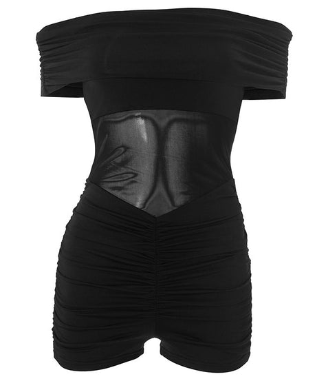 Edgy Elegance: Black Off-Shoulder Ruched Romper with Faux Leather Panel – Your Fall Night Out Essential