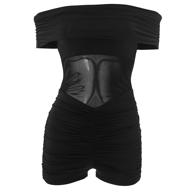 Edgy Elegance: Black Off-Shoulder Ruched Romper with Faux Leather Panel – Your Fall Night Out Essential