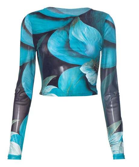 Trendy Fall Bloom Mesh Long Sleeve Crop Top - Chic Teal Floral Statement Piece
