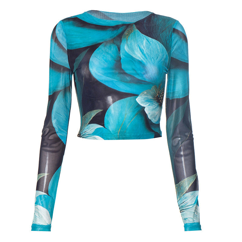 Trendy Fall Bloom Mesh Long Sleeve Crop Top - Chic Teal Floral Statement Piece