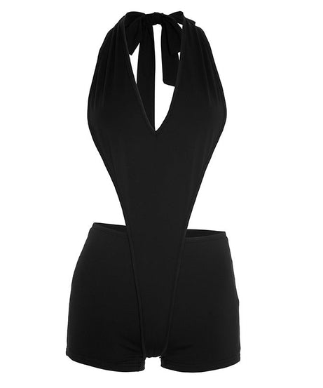 Daring Deep V Halter Cutout Romper | Black Backless Clubwear Playsuit for Fall Nights
