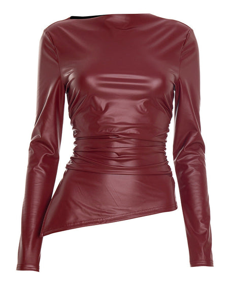 Chic Burgundy Faux Leather Asymmetrical Ruched Top – Fall & Holiday Ready
