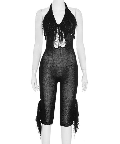 Black Fringe Halter Cutout Jumpsuit - Edgy Fall Nights & Halloween Party Statement