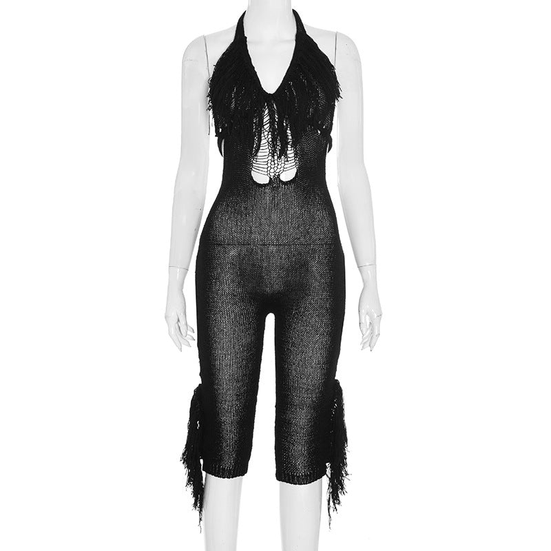 Black Fringe Halter Cutout Jumpsuit - Edgy Fall Nights & Halloween Party Statement