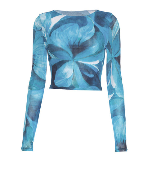 Trendy Fall Bloom Mesh Long Sleeve Crop Top - Chic Teal Floral Statement Piece