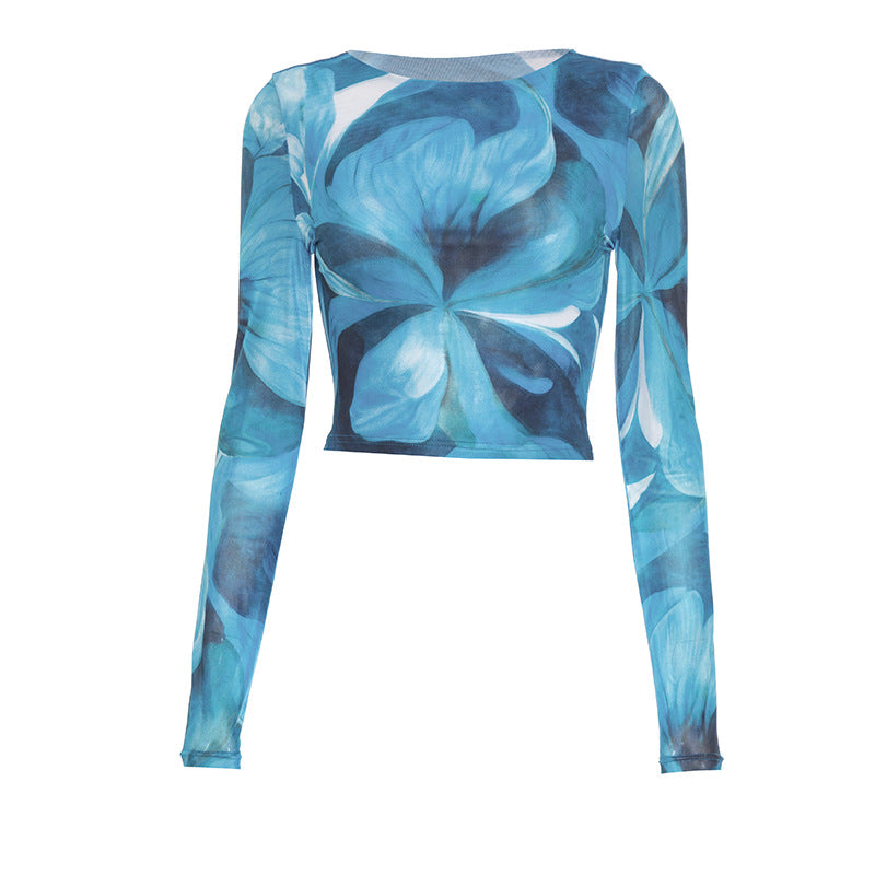 Trendy Fall Bloom Mesh Long Sleeve Crop Top - Chic Teal Floral Statement Piece