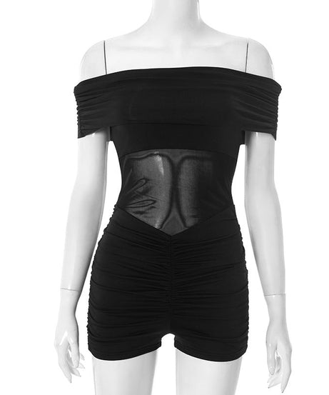 Edgy Elegance: Black Off-Shoulder Ruched Romper with Faux Leather Panel – Your Fall Night Out Essential