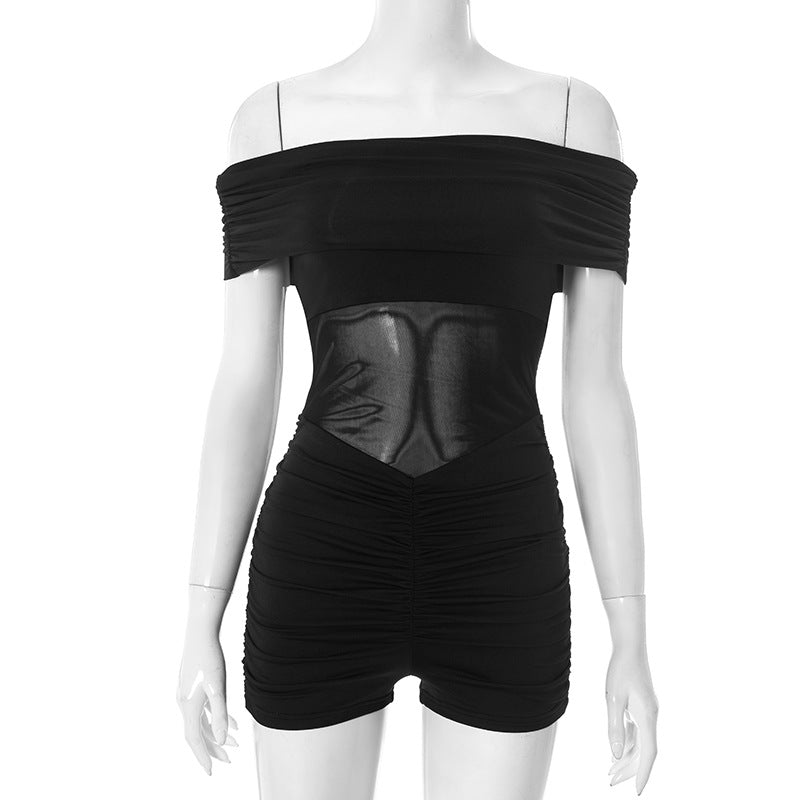 Edgy Elegance: Black Off-Shoulder Ruched Romper with Faux Leather Panel – Your Fall Night Out Essential