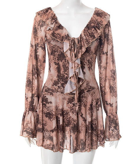 Wild Romance Ruffle Mesh Mini Dress - Autumn's Must-Have Long Sleeve Leopard Print Tunic