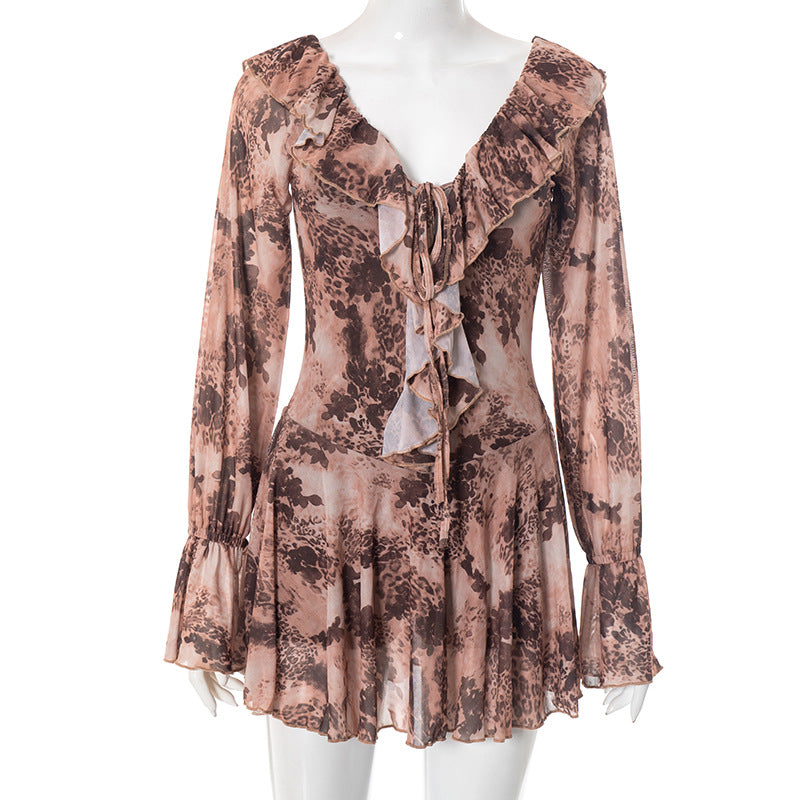 Wild Romance Ruffle Mesh Mini Dress - Autumn's Must-Have Long Sleeve Leopard Print Tunic