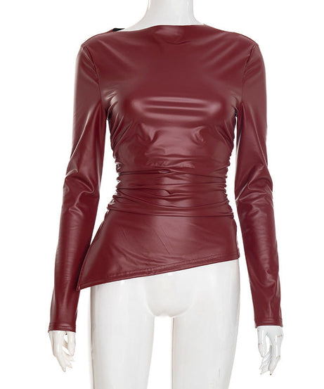 Chic Burgundy Faux Leather Asymmetrical Ruched Top – Fall & Holiday Ready