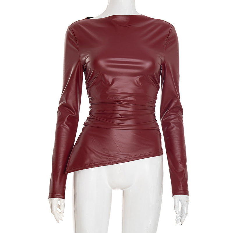Chic Burgundy Faux Leather Asymmetrical Ruched Top – Fall & Holiday Ready