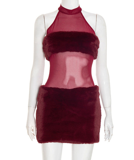 Holiday Glam Burgundy Faux Fur Mesh Halter Mini Dress - Your Festive Party Season Must-Have!
